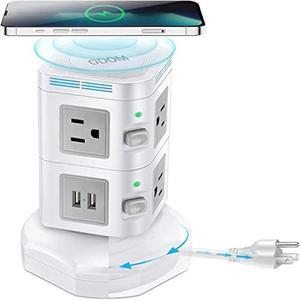Power Strips Surge Protector, ODOM Power Strip Tower with Fast Wireless Charger, 4 USB Ports + 6 Widely Outlets + 6 Feet Retractable Extension Cord, Multiple Plug Outlet Charging Tower for Home Office