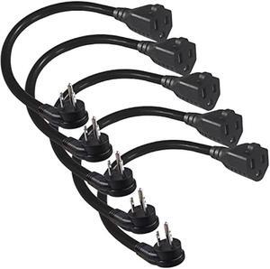 [5 Pack] Flat Plug Short Power Extension Cord - 8inch Low Profile Flat Plug 3 Prong Grounded Indoor Extension Cord, Rated for 13AMP,16AWG Heavy Duty Black Electrical Extension Cord with Flat Head