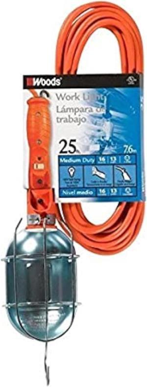 Woods 0691 691 Med Duty Trouble Light, 16/3, 25' SJTW, Metal Guard, &Outlet, 25 Foot, Orange, 25 Foot