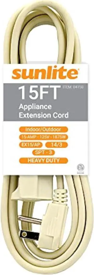 Sunlite 04165-SU EX15/AP Heavy Duty 15-Foot Appliance Extension Cord, Three Prong, 14/3 Gauge, 15 Amp, Beige