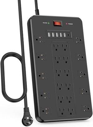 Power Strip Surge Protector, FDTEK Multiple Plug Outlet with 22 AC Outlets and 6 USB 1875W/15A 2100 Joules 6.5Ft Flat Plug Extension Cord Heavy Duty Large Power Strip for Home Office Dorm Black