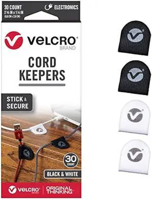 VELCRO Brand Cable Clips | 30 Pack Nylon Cord Keeper with Adhesive | Removable Cord Holder for Desk, Wall or Nightstand Cable Management | Black and White