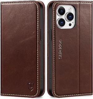 SHIELDON Case for iPhone 15 Pro Max 5G 2023, Genuine Leather Flip Wallet Magnetic Cover Kickstand RFID Blocking Credit Card Holder Protective Case Compatible with iPhone 15 Pro Max 6.7 - Retro Coffee