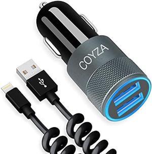 COYZA Fast Car Charger Adapter, Compatible with iPhone 14/13/12/11/Pro Max/Pro/Mini/X/XS/XS MAX/XR/SE 2020/8 Plus/8/7 Plus/7/6s/6/5/SE, 3.1A Dual USB Ports with Coiled Charging Cable Cord