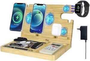 Wireless Charging Station, 15W Fast Charge Wireless Charger Stand, Bamboo Phone Docking Station with Built in 4 Wireless Chargers for iPhone,Samsung,iWatch,Airpod, Nightstand Organizer for dad, Men
