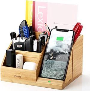 Veelink Bamboo Wireless Charger with Organizer Wood Wireless Charging Station iPhone SE 2020/11/Xs MAX/XR/XS/X/8/8, Samsung S20/S10/S9/S8/Note 10(Large)