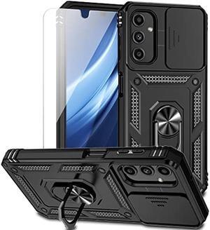 PUSHIMEI for Samsung Galaxy A24 Case with Slide Camera Cover HD Screen Protector [Military Grade 16ft. Drop Tested] Magnetic Ring Holder Kickstand Protective Phone Case for Samsung Galaxy A24, Black
