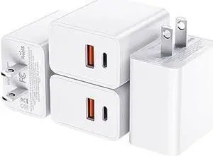 [4 Pack] USB C iPhone 15 Fast Charger Block, 20W Dual Port USB-C Power Adapter, Type C Fast Charging Plug Cube for iPhone 15/15 Pro/15 Pro Max/14/14 Pro Max/13/13 Pro Max/12/iPad Pro/AirPods and More