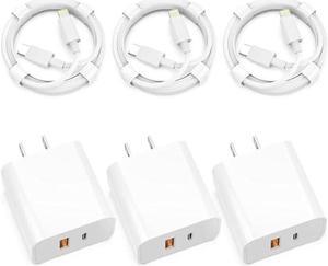 3 Pack iPhone 14 13 12 Fast Charger,Apple MFi Certified20W PD+QC3.0 USB A Dual Port Wall Charger Adapter with 6FT Type C to Lightning Cable Compatible with iPhone 14 Pro Max/13 Pro/12 Pro/11/XS/XR/8