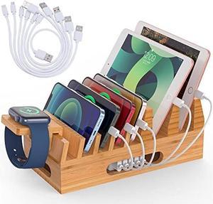 Pezin & Hulin Bamboo Charging Station Organizer for Multiple Devices & Wood Desktop Docking Charging Stand Such As Cell Phone, Tablets, Phone Case and Watch Stand (No USB Charger)
