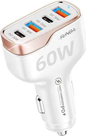 SUNDA 60W USB C Fast Car Charger, 4-Ports Car Charger Adapter, Dual Type C PD30W/PPS30W Compatible with iPhone14/13 Pro/Max/iPhone12/iPad Pro/Galaxy/SamsungS23, Dual USB-A 18W QC3.0 for Android