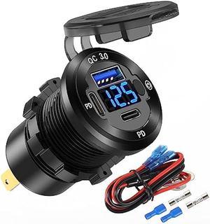 12V USB Car Socket Round USB C 12V Outlet, 3-Port Marine USB Fast Charger Waterproof Cigarette Outlet USB Replacement Aluminum with Switch & Voltmeter, Suitable for Boat Golf Cart RV Motorcycle Truck