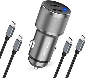 Dual USB C Car Charger, 60W PD (30W + 30W) Super Fast Charging Adapter Metal for Samsung Galaxy S23 Ultra/S23 Plus/S23/S22 Ultra/S21/S20, Note 20/10, iPhone 15, iPad Pro + 2X Type C to C Cable 3.3Ft