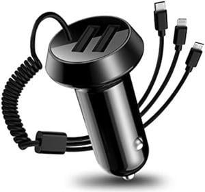 Quick Charge Car Charger Dual Ports Car Charger Adapter with Stretchable Cable and 3 in 1 Fast Charging Cord for iPhone 13Pro MaxPro 1211 Samsung Galaxy iPad Camera for Most Cars Black