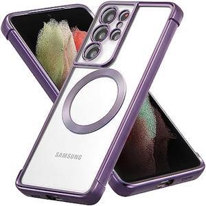 RALEAVO Magnetic Case for Samsung Galaxy S21 Ultra Clear Case Cover [Compatible with Magsafe & Military Grade Drop Protection] Transparent Shockproof Slim Plated Phone Case - Purple