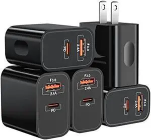 20W USB C Fast Charger+Quick Fast Charger 3.0 Wall Charger, Bangfun 5 Pack Dual Port PD Fast Charging Block Power Adapter Compatible iPhone 17/16/15/14/13/12/11 Pro Max/XS/SE/Plus, Samsung S20 (Black)