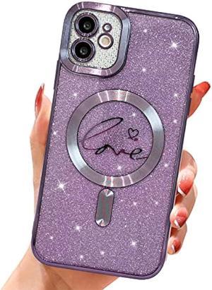 Jefonha for iPhone 11 Magnetic Glitter Clear Case, [Compatible with Magsafe] Luxury Plating Love Heart Pattern Design, Full Camera Lens Protector Soft TPU Protective Case for Women 6.1-Purple