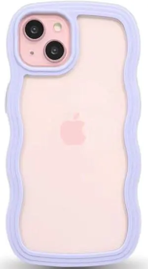 Anuck for iPhone 15 Case Wavy Edge Clear Back Design, Anti-Slip Grip Cute Wave Curly Frame Shape Shockproof Soft TPU & Hard PC Bumper Protective Phone Case Cover for Women Girls, Purple