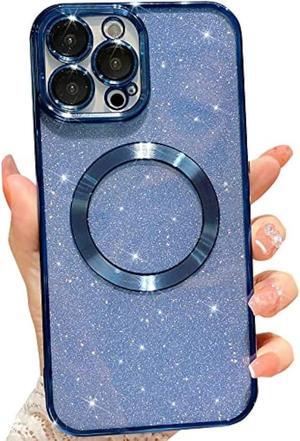 MGQILING Compatible with iPhone 12 Pro Max Magnetic Glitter Case, Luxury Plating Cute Bling Clear Phone Case, Compatible with MagSafe for Women Girls with Camera Protector Back Cover - Blue