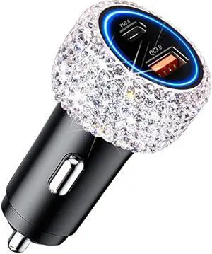 USB C Car Charger Adapter 54W Bling Diamond PD & QC 2-Port Type C Compact Car Charger Compatible for iPhone, iPad, Samsung Galaxy, LG, Google Pixel, Moto, USB-C Port
