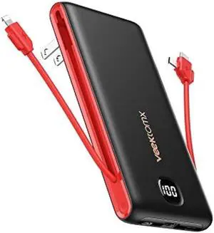 VEEKTOMX Portabel Charger for iPhone, USB C Fast Charging Power Bank with Built in Wall Plug and Cables 10000mAh, Slim Battery Pack with LED Display Compatible with iPhone, Samsung, Pixel and More
