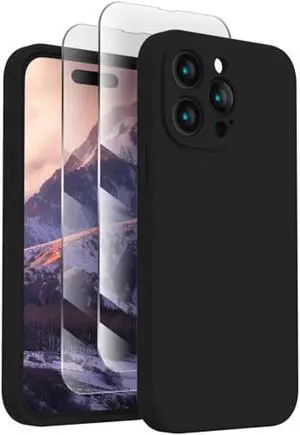 FireNova Designed for iPhone 15 Pro Case, Silicone Upgraded [Camera Protection] Phone Case with [2 Screen Protectors], Soft Anti-Scratch Microfiber Lining Inside, 6.1 inch, Black
