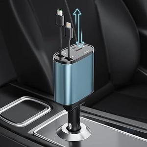 Retractable Car Charger, 4 in1 Fast Car Phone Charger 120W, 2.7Ft Retractable Cables and 4 Electronic Ports, Car Charger Compatible for iOS & Android Cell Phones All Device Charging