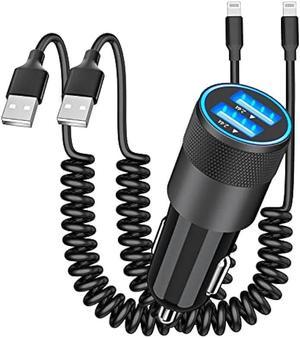 [Apple MFi Certified] iPhone Fast Car Charger, Adeqwat 4.8A Dual USB Power Rapid Car Charger with 2 Pack 6FT Coiled Lightning Quick Car Charging Cable for iPhone 14 13 12 11 Pro Max/XS/XR/iPad/AirPods