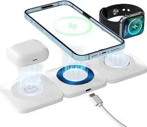 Charging Station for Apple Devices, 3 in 1 Foldable Magnetic Wireless Charger, Wireless Charging Pad Compatible with iPhone 14/13 Series, AirPods 3/2,iWatch Ultra/8/7/6/5/4/3/2/SE (White)