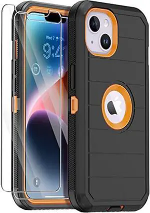Annymall for iPhone 14 Case with 2 Screen Protector,Full Body Shockproof Drop Protection Dust Proof Heavy Duty 3-Layer Rugged Durable Military Grade Cover for Apple iPhone 14 6.1 (Black/Oranger)
