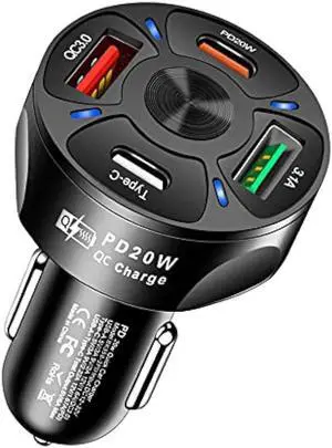 65W 4 Ports Car Fast Charging Charger Cigarette Lighter Adapter,with QC 3.0 15W&PD 20W&Type C Car Phone Charger for iPhone 14 13 12 Pro Max X Xs,S22 S21,iPad & Laptop (Black)
