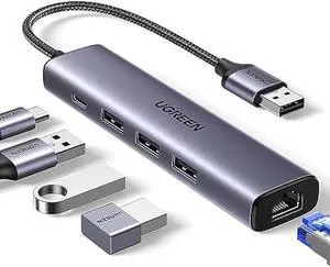 UGREEN USB 3.0 to Ethernet Adapter, 5 in 1 Multiport Hub with Gigabit RJ45 and Type-C Power Port, LAN Network Adapter Compatible with Laptop PC MacBook Mac Mini Surface XPS Windows Linux MacOS