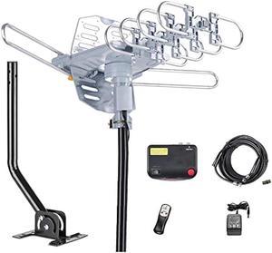 McDuory Outdoor 150 Miles Digital TV Antenna 360 Degree Rotation Amplified HDTV Antenna -Support 2 TVs-UHF/VHF/1080P/4K - Infrared Remote - 40 feet RG6 Cable and Mounting Pole Included