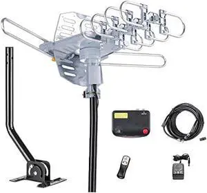Outdoor 150 Miles Digital TV Antenna 360 Degree Rotation Amplified HDTV Antenna -Support 2 TVs-UHF/VHF/1080P/4K - Infrared Remote - 40 feet RG6 Cable and Mounting Pole Included