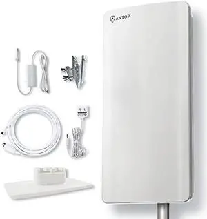 ANTOP ANTENNA Big Boy AT-400B Flat Panel HDTV Antenna with Smartpass Amplified Outdoor/Indoor,80 Miles Range Support 4K 1080p Channels & All Older TV's for Outdoor, Attic,40ft Coax Cable