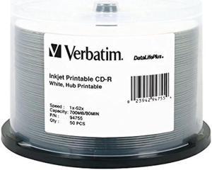 Verbatim CD-R 700MB 52X DataLifePlus White Inkjet Printable, Hub Printable - 50pk Spindle - 94755