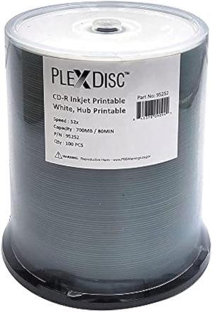 PlexDisc 95252 CD-R 700MB 52X White Inkjet Hub Printable - 100pk Spindle Frustration Free Packaging, 100 Discs