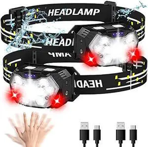 PLUSINTO 9 LED Headlamp Rechargeable 2 Pack, 2000 Lumens Super Bright Head Lamp with Red Light, 10 Modes, Motion Sensor and Adjustable, IPX5 Waterproof Headlight for Camping Hiking Running