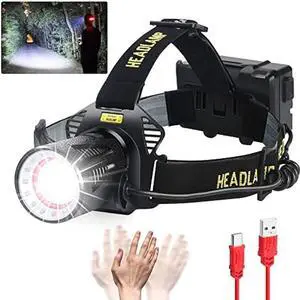 Aikertec Headlamp Rechargeable, Super Bright Headlamp for Adults with Motion Sensors, 7 Modes, Zoomable, IP68 Waterproof Head Flashlightfor Camping Hunting Fishing (Batteries Included)