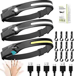 Rechargeable Led Headlamp, Light Buddy Headlamp 3 Pack, Led Head Light for Camping, Headlights 230° Wide Beam Motion Sensor Head Lamp, Light Headband for Camping, Hiking Gear, Walking, Running