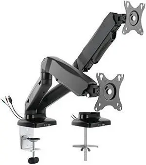 Rocelco Premium Double Monitor Desk Mount with USB 2.0 and Audio Port - Fits Dual 13 - 27 LED LCD Flat Screens - Pneumatic Full Motion Assist Adjustable Arm - Grommet and C Clamp - Black (R MA2)