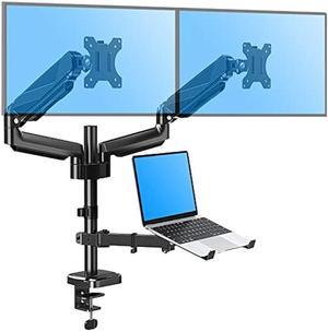 MOUNTUP Dual Monitor and Laptop Mount, Gas Spring Monitor Stand for Two Max 27 Computer Screens, Laptop Tray Fits 10-17inch Notebook, Holds 4.4-19.8lbs Per Arm, 3-in-1 Adjustable Monitor Desk Mount