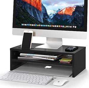 Monitor Stand Riser, 2 Tiers Wood Monitor Riser Stand with Storage Organizer, Desktop Ergonomic Monitor Stand Riser with Cellphone Holder and Cable Management, 16.7 Inch Shelf, Black