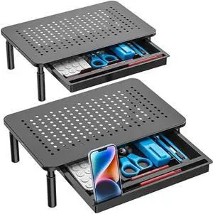 WALI Monitor Stand Riser, Computer Stand for Desk with Storage, 3 Height Adjustable Laptop Stand with Drawer and Phone Holder for Office, Home, School (STT003D-2B), 2 Pack, Black
