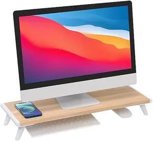 loukin Monitor Stand Riser for Desk, 22.4 x 8.3 Inch Larger Desktop Computer Shelf with Non-Skid Rubber for Laptop, PC, Printer, Ideal for Home Office, Natural Wood