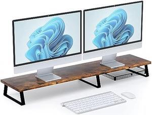 Desktop Dual Monitor Stand Riser - Wood Monitor Stand for 2 Monitors, Computer Stand with Metal Legs & Drawer, Office Desk Organizers and Storage, Monitor Shelf for Computer/Laptop/Printer/TV, Vintage