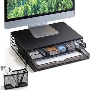 ARCOBIS Wood Monitor Riser with Drawers, Mesh Metal Computer Monitor Stand Riser with Storage for Desk, Max Load Capacity 40LB, 2 Drawers and 1 Pen Holder, Black