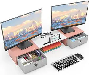 YAOHUOO Dual Monitor Stand with 2 Drawers, Computer Monitor Riser for 2 Monitors, Large Desktop Organzier with Storage for PC/Laptop/Computer/TV Screen/Printer,White & Pink