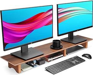 Aothia Large Dual Monitor Stand Riser, Solid Wood Desk Shelf with Eco Cork Legs for Laptop Computer/TV/PC/Printers, Perfect Desktop Stands Organizer with Underneath Storage for Office Accessories