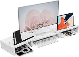 HMFOR Monitor Stand for Desk, Adjustable Length and Angle Dual Monitor Stand with 2 Slot, Monitor Stands for 2 Monitors, Desktop Shelf for PC, Computer, Laptop (White Faux Marble)